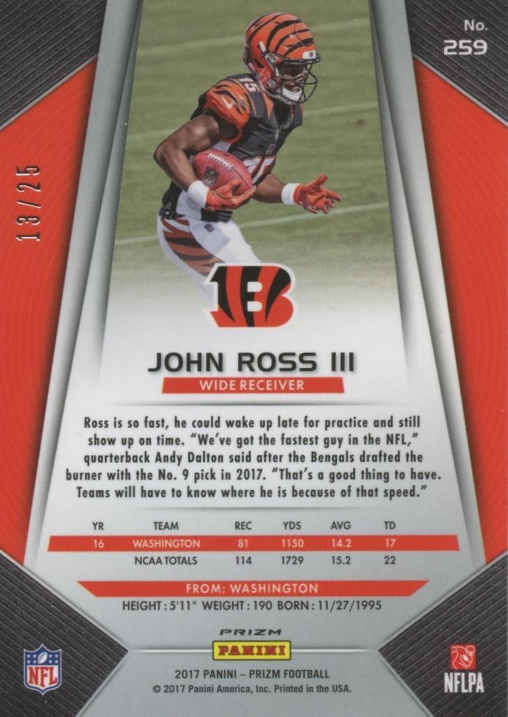 John Ross III 2017 Prizm Blue Camo Prizm Rookie RC Cincinnati Bengals 13/25