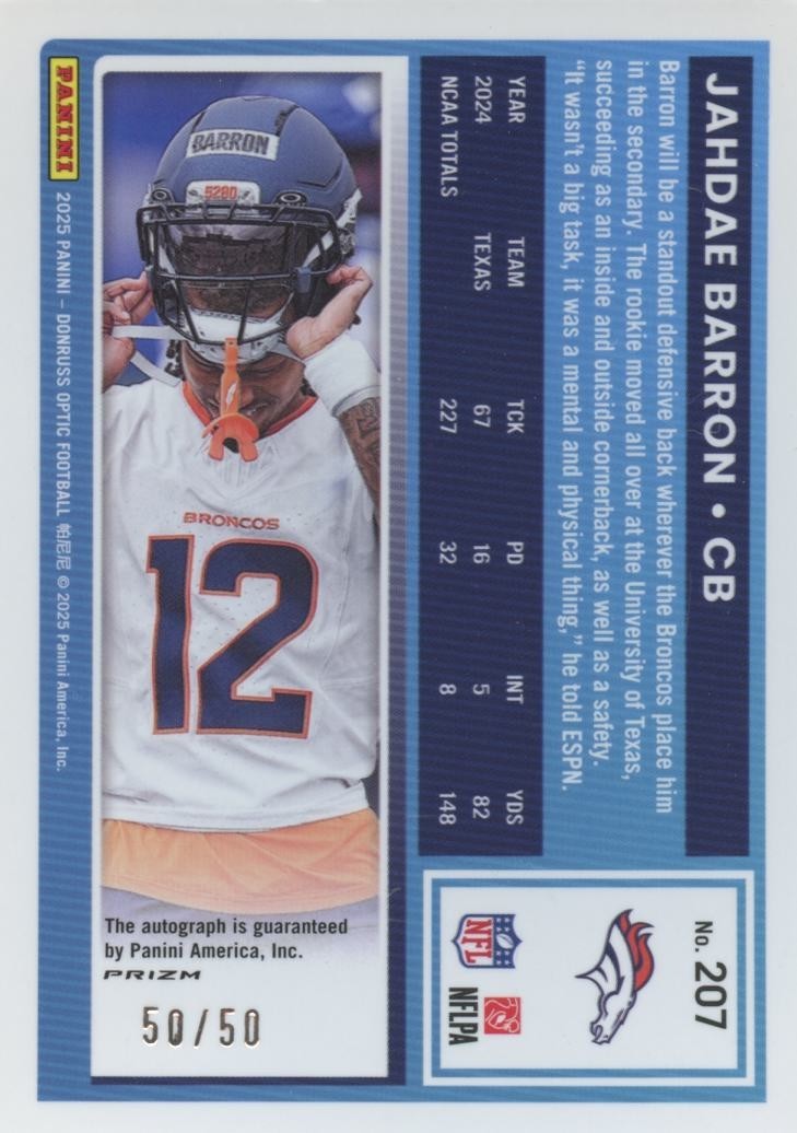 Jahdae Barron 2025 Optic Rated Rookie Auto Autograph RC Broncos 50/50