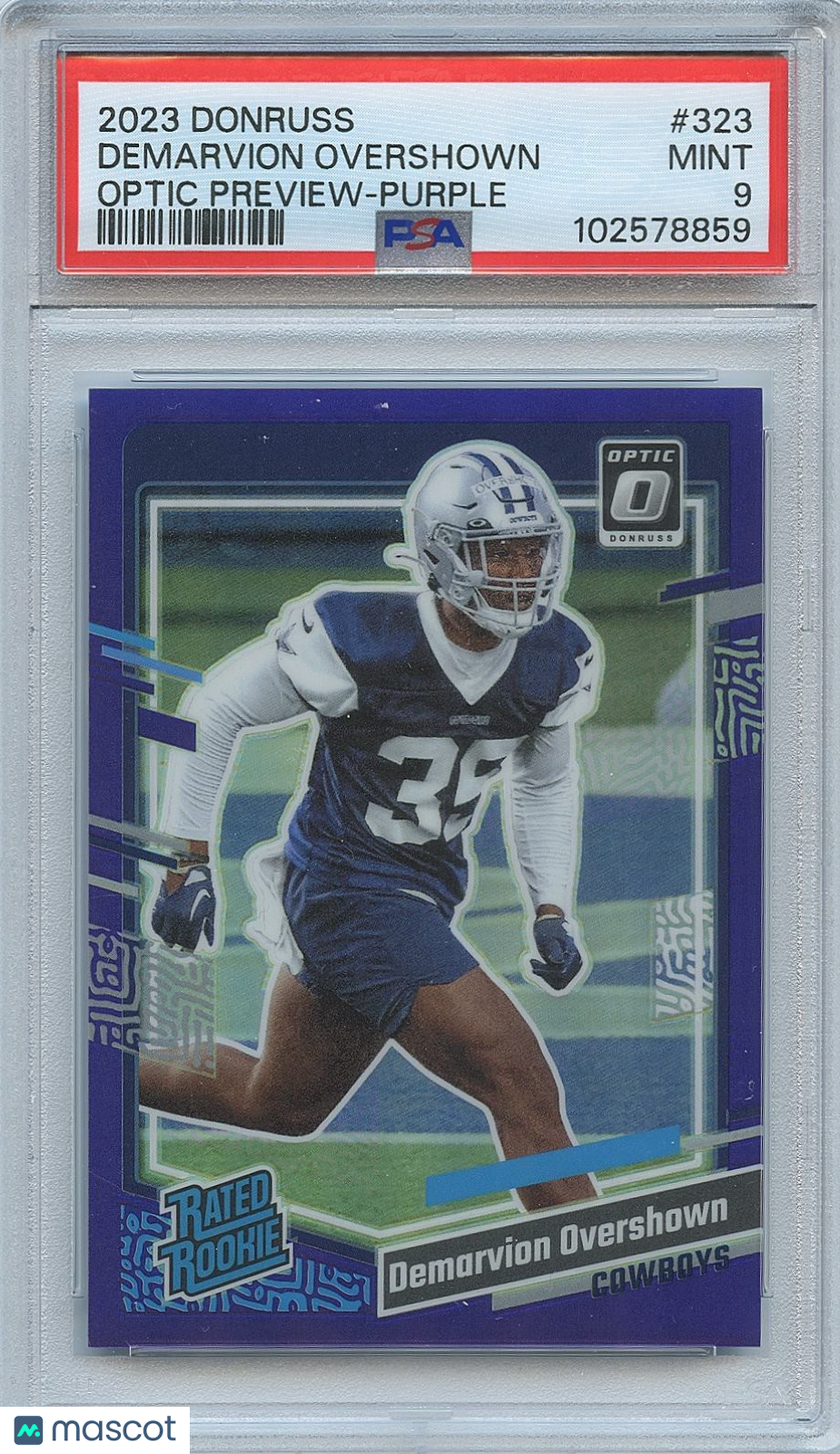 Demarvion Overshown 2023 Optic Purple Prizm Rated Rookie Cowboys 48/50 PSA 9