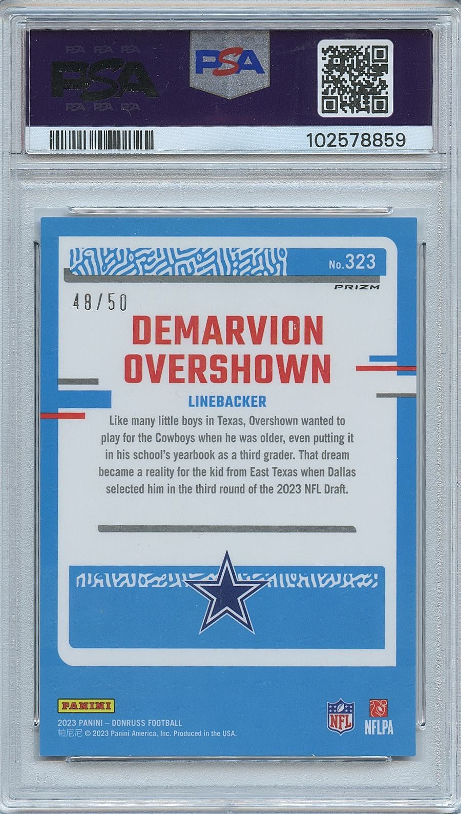 Demarvion Overshown 2023 Optic Purple Prizm Rated Rookie Cowboys 48/50 PSA 9
