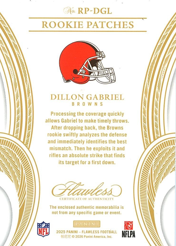 Dillon Gabriel 2025 Flawless Nameplate Jersey Patch RC Cleveland Browns 8/10