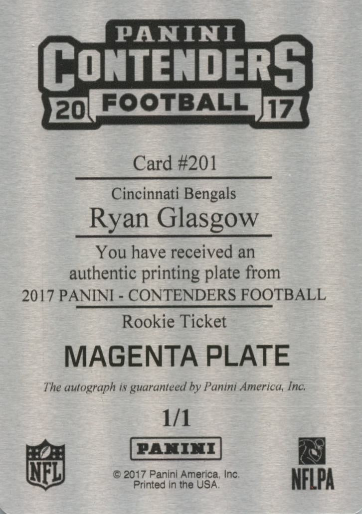 Ryan Glasnow 2017 Contenders Printing Plate Auto Autograph RC Bengals 1/1
