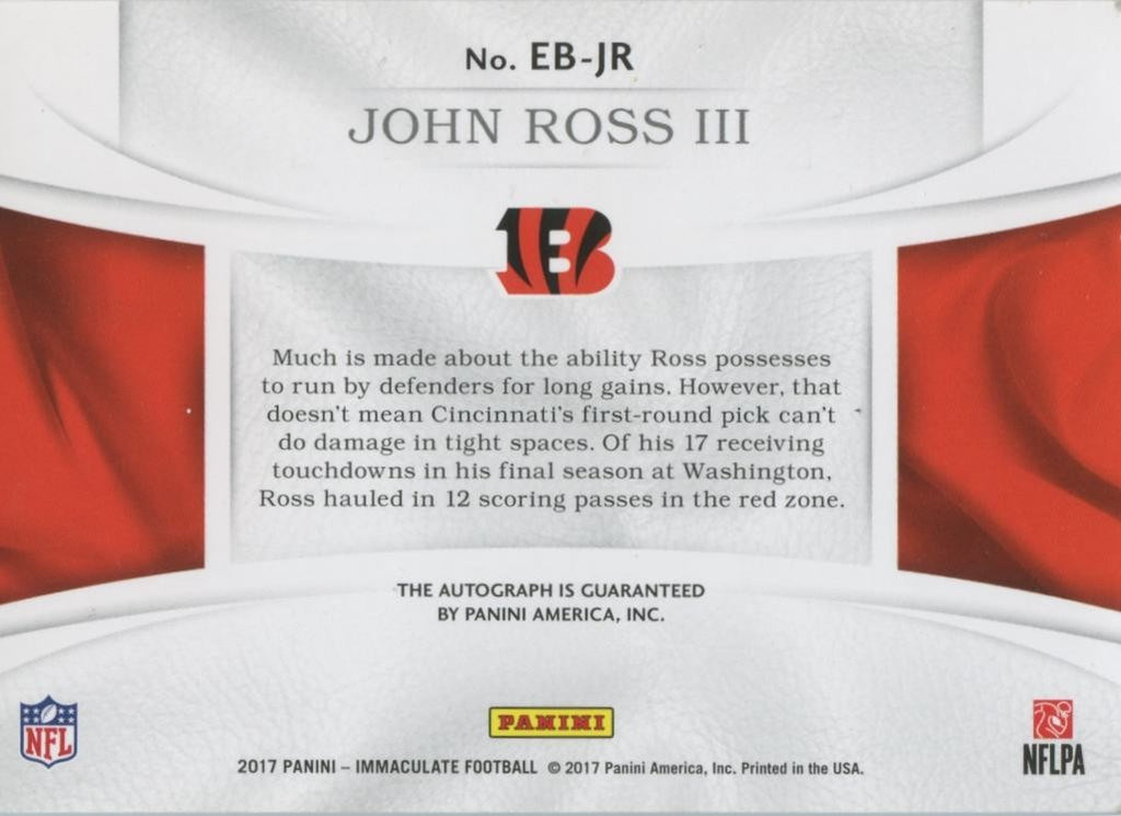 John Ross III 2017 Immaculate Eye Black Auto Autograph RC Bengals 34/99