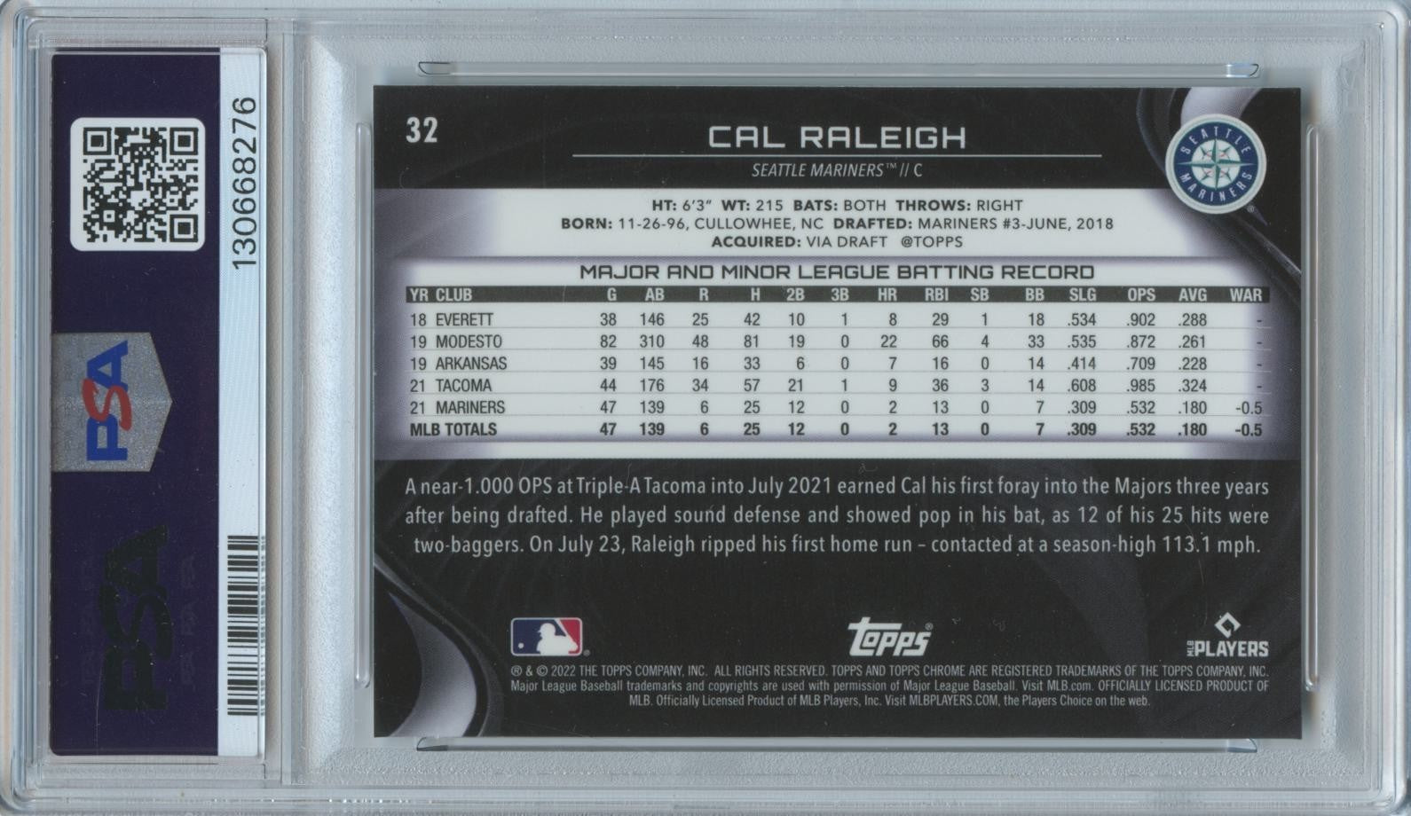 Cal Raleigh 2022 Topps Chrome Black Rookie RC Seattle Mariners #32 PSA 9