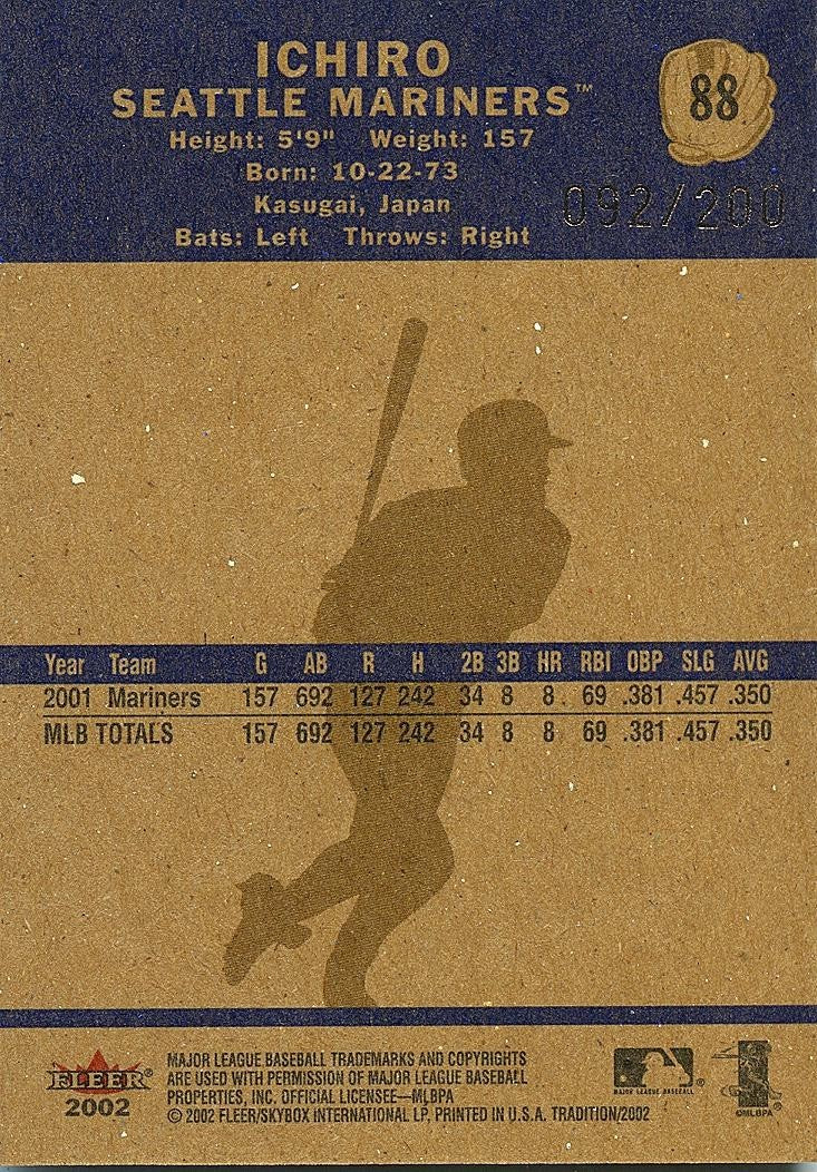 Ichiro Suzuki 2002 Fleer Tradition Glossy 92/200 Seattle Mariners #88