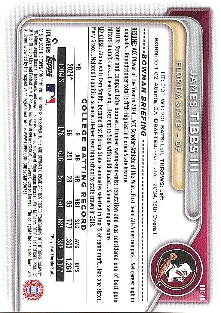 James Tibbs III 2025 Bowman Chrome College Variation SSP Florida State