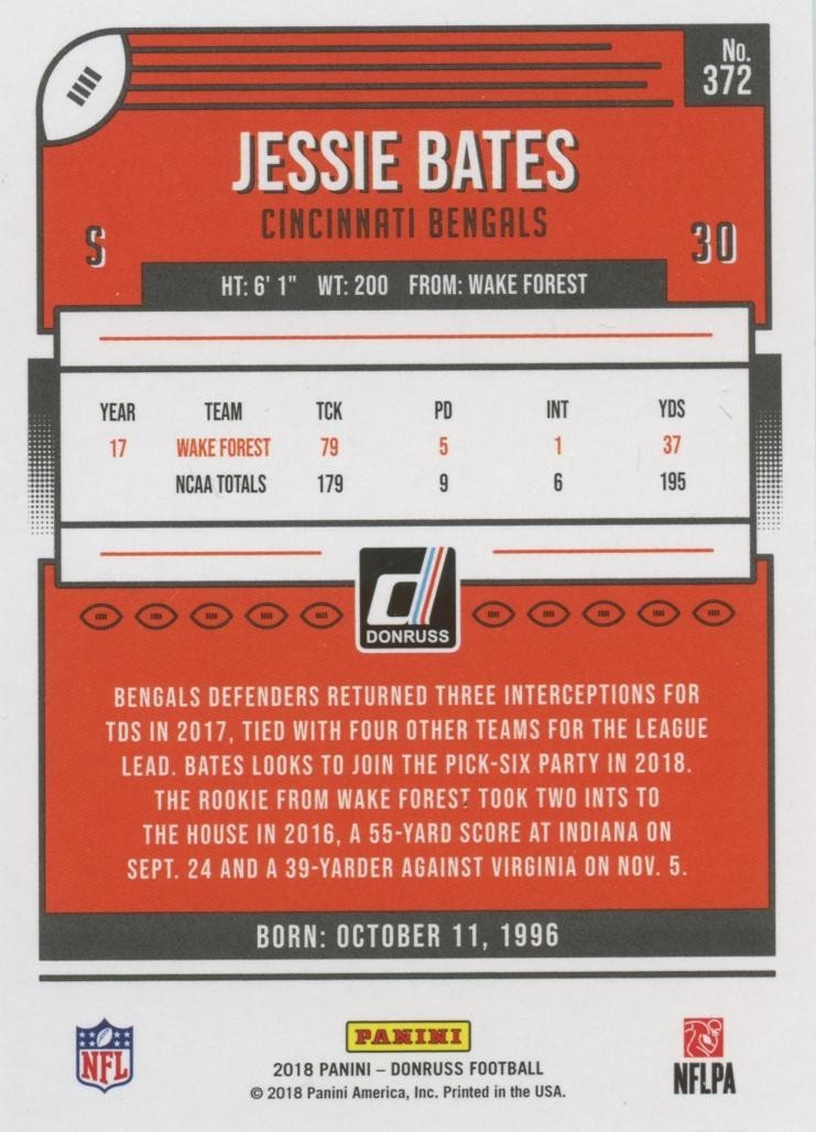 Jessie Bates III 2018 Donruss Purple Stat Line Rookie Cincinnati Bengals 36/79