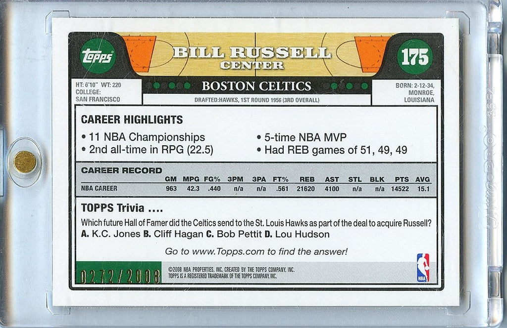 Bill Russell 2008 Topps GOLD Parallel Boston Celtics 272/2008 #175