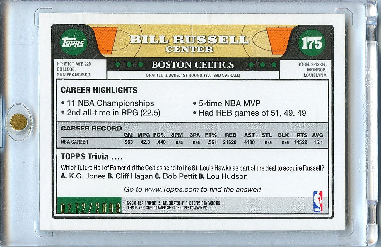 Bill Russell 2008 Topps GOLD Parallel Boston Celtics 272/2008 #175