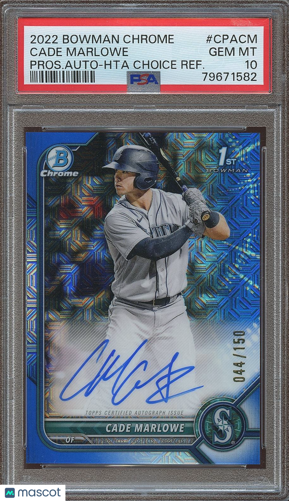 Cade Marlowe 2022 Bowman Chrome 1st Blue Auto Autograph RC Mariners /150 PSA 10