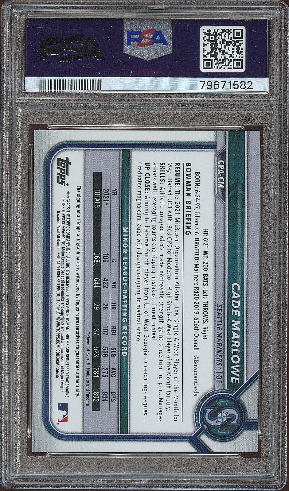 Cade Marlowe 2022 Bowman Chrome 1st Blue Auto Autograph RC Mariners /150 PSA 10