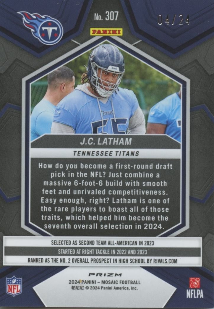 J.C. Latham 2024 Mosaic Gold Sparkle Prizm SSP Rookie RC Titans 4/24
