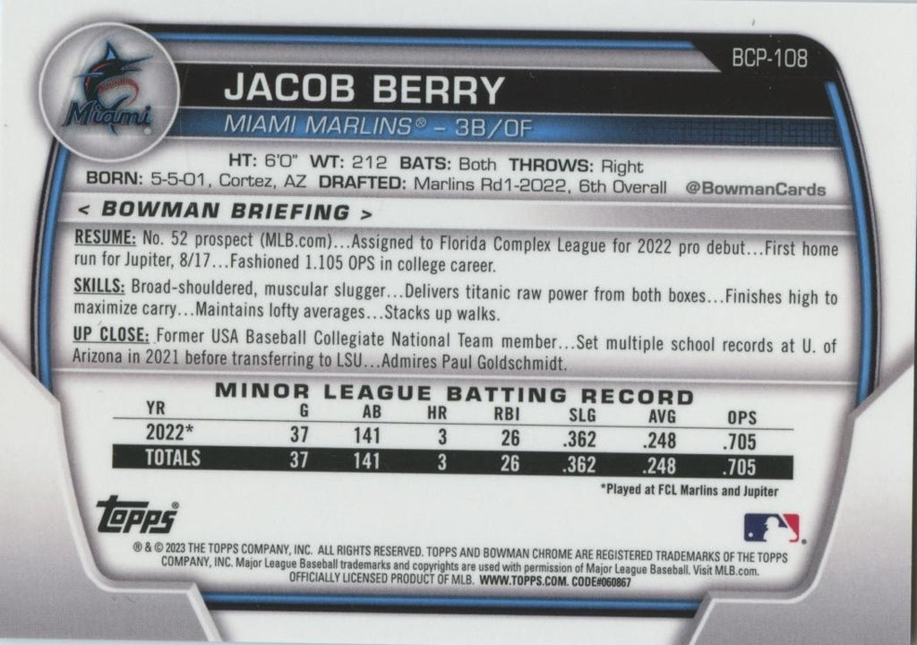 Jacob Berry 2023 Bowman Chrome 1st Orange Mega Box Refractor RC Marlins 9/25