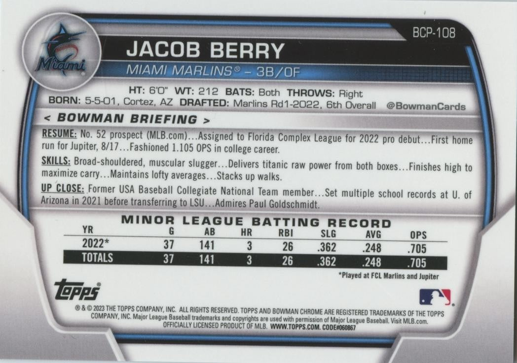 Jacob Berry 2023 Bowman Chrome 1st Orange Mega Box Refractor RC Marlins 9/25
