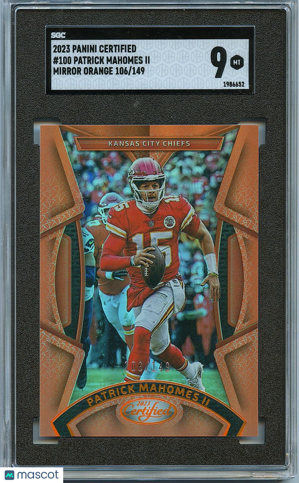 Patrick Mahomes II 2023 Certified Mirror Orange Kansas City Chiefs 106/149 SGC 9