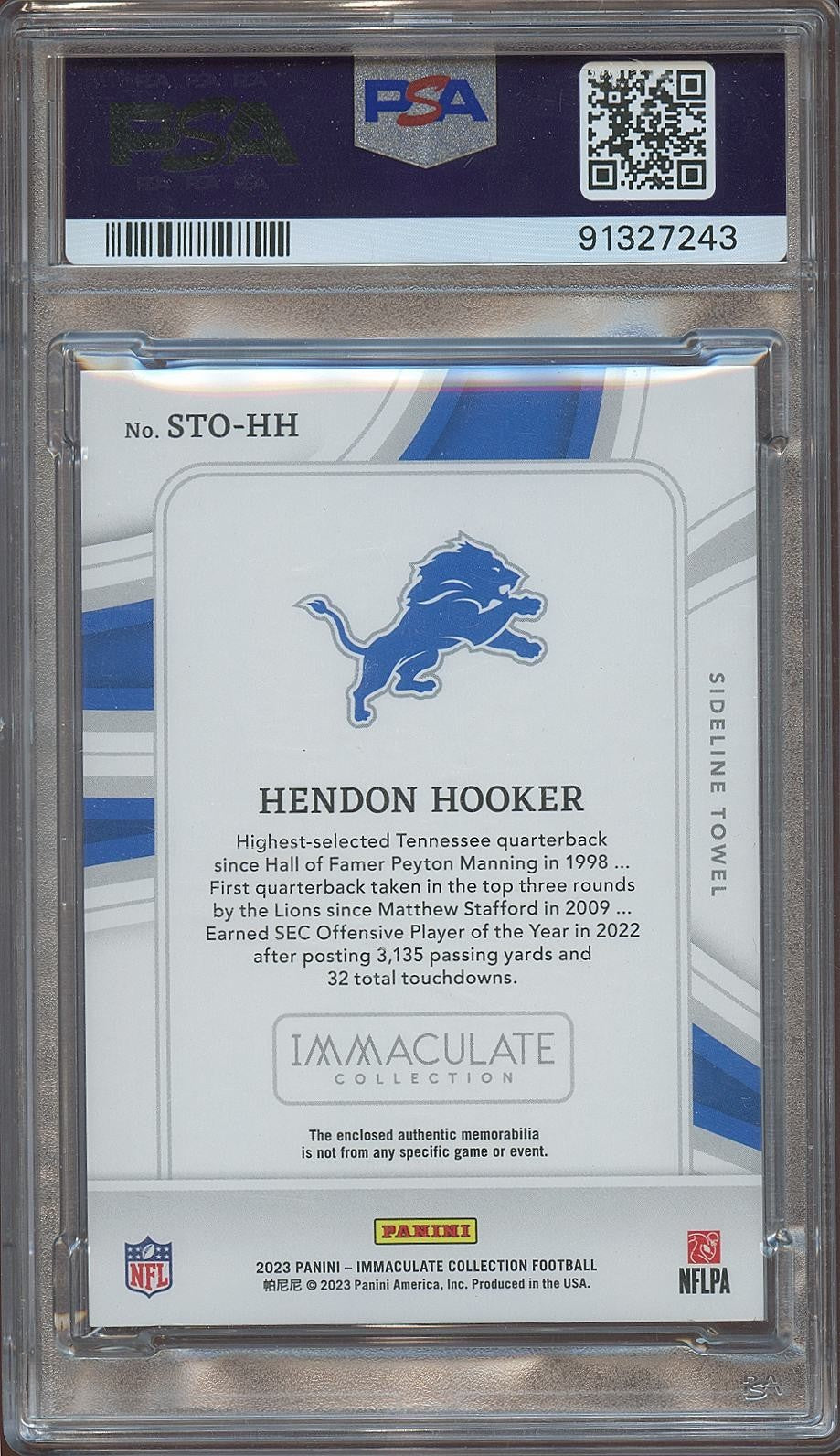 Hendon Hooker 2023 Immaculate Towel LOGO Patch RC Detroit Lions 12/15 PSA 9