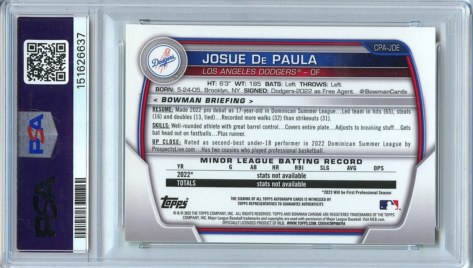 Josue De Paula 2023 Bowman Chrome 1st Yellow Auto Autograph Dodgers 20/75 PSA 10