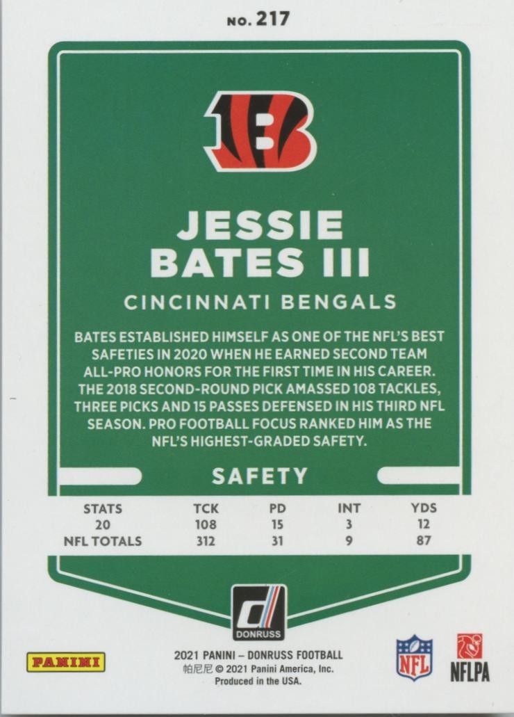 Jessie Bates III 2021 Donruss Orange Jersey Number Cincinnati Bengals 24/30
