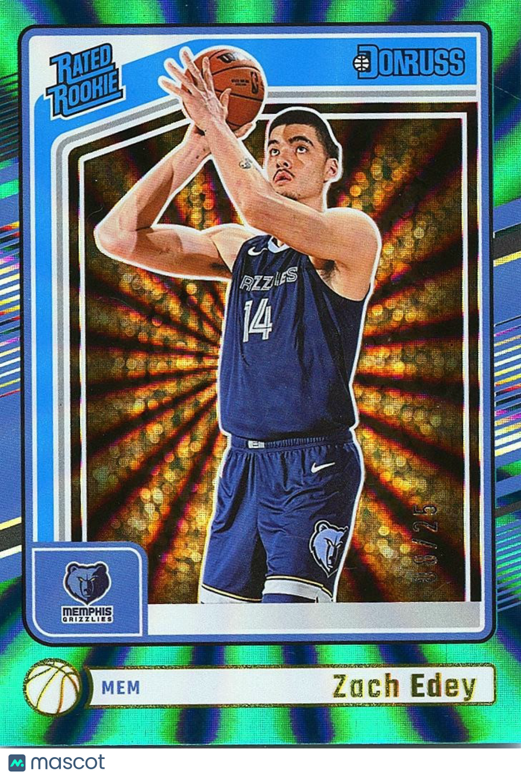 Zach Edey 2024-25 Donruss Rated Rookie Teal Laser RC Memphis Grizzlies 8/25