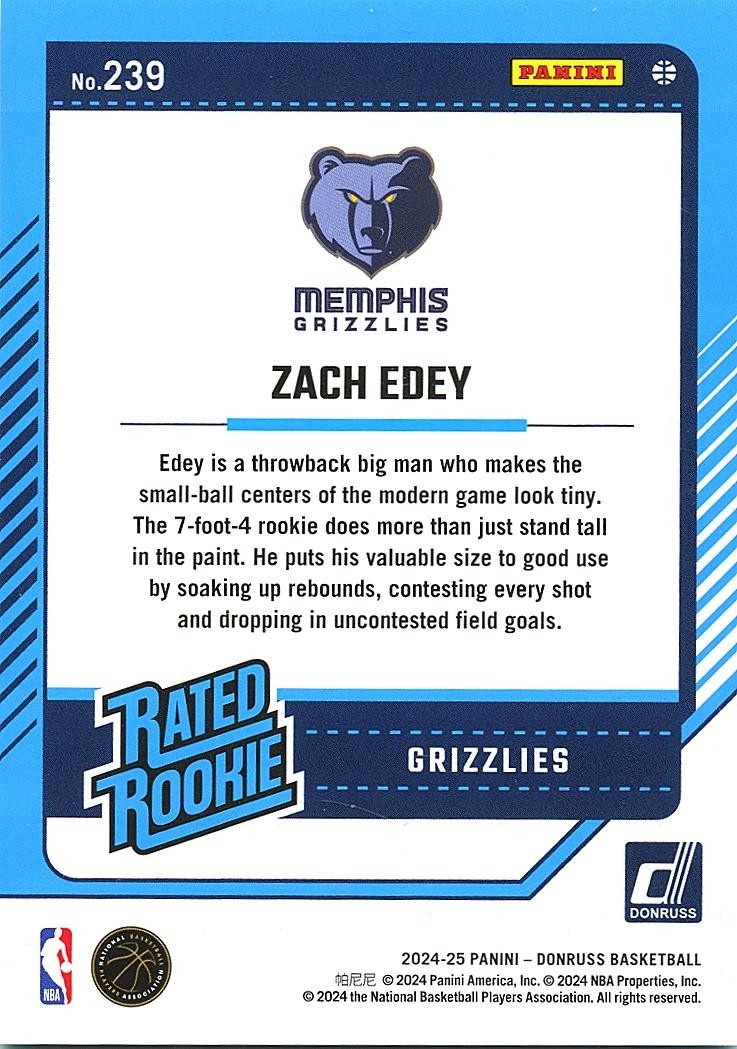 Zach Edey 2024-25 Donruss Rated Rookie Teal Laser RC Memphis Grizzlies 8/25