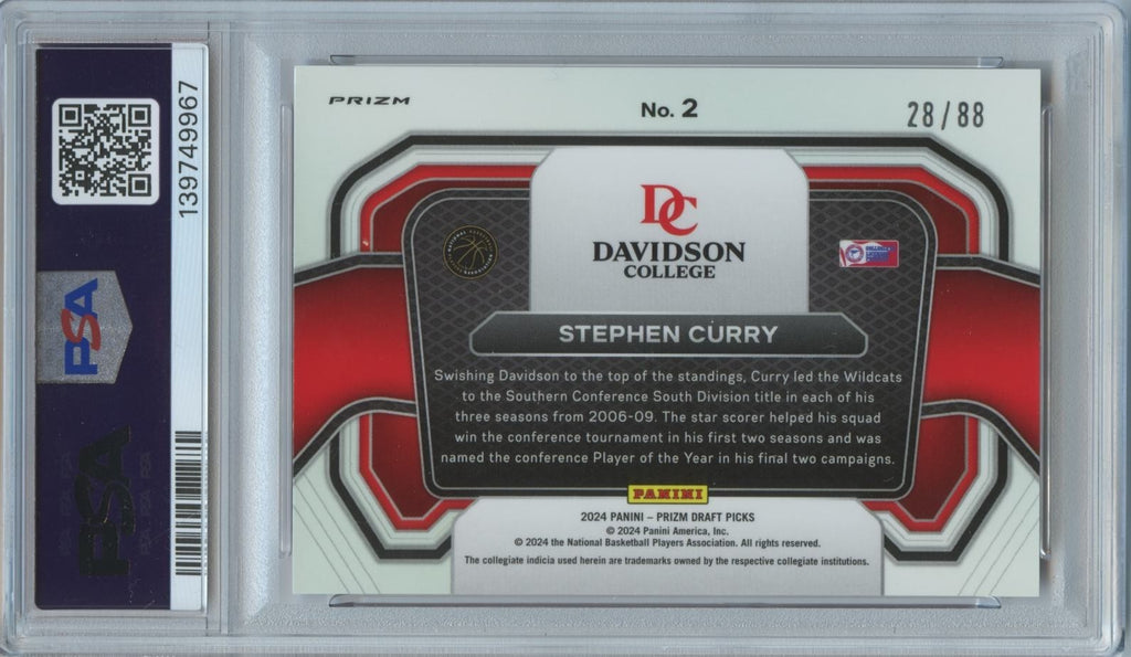 Stephen Curry 2024 Prizm Draft Red Scope Prizm Davidson Warriors 28/88 PSA 9