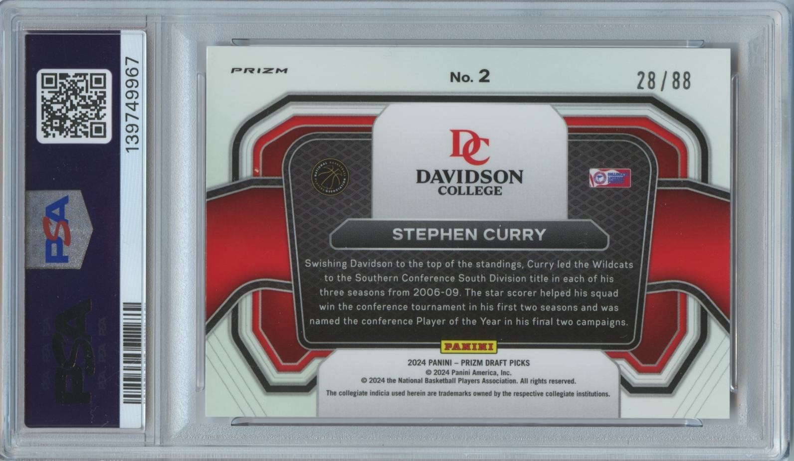 Stephen Curry 2024 Prizm Draft Red Scope Prizm Davidson Warriors 28/88 PSA 9