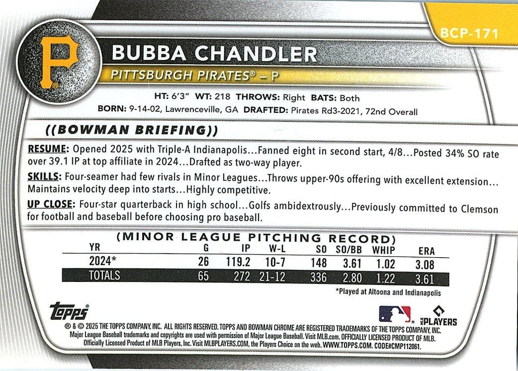 Bubba Chandler 2025 Bowman Chrome Green Reptilian Refractor RC Pirates 53/99