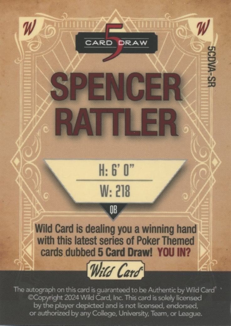 Spencer Rattler 2024 Wild Card Auto Autograph RC New Orleans Saints 1/1