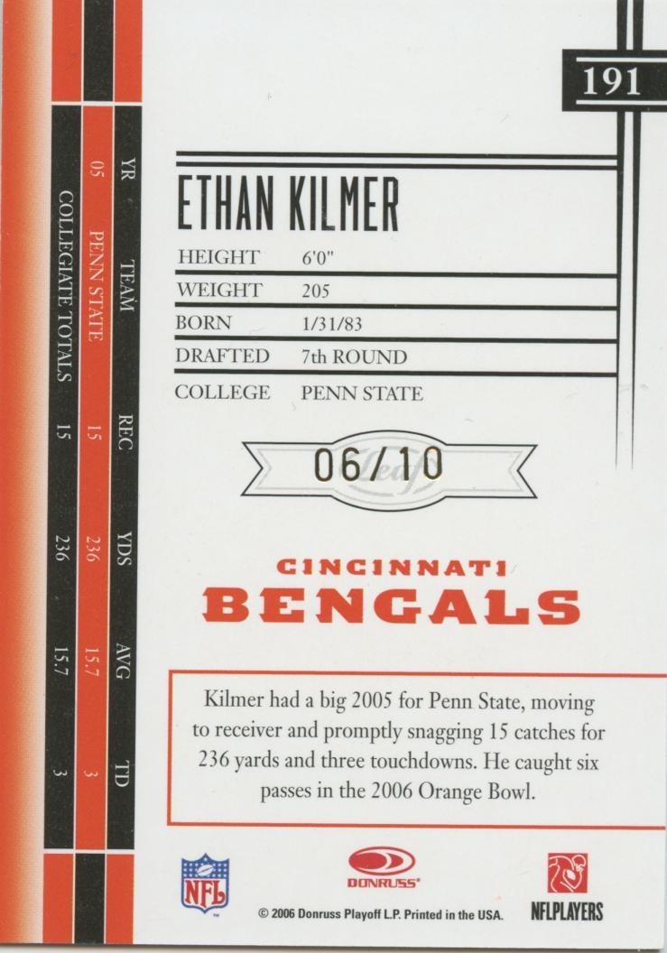 Ethan Kilmer 2006 Leaf Limited GOLD Spotlight SSP Rookie RC Bengals 6/10