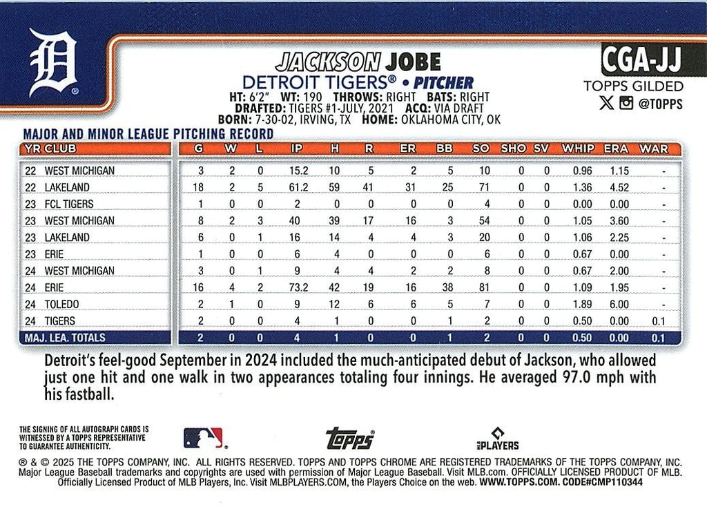 Jackson Jobe 2025 Topps Chrome Gilded Auto Autograph RC Detroit Tigers 41/50