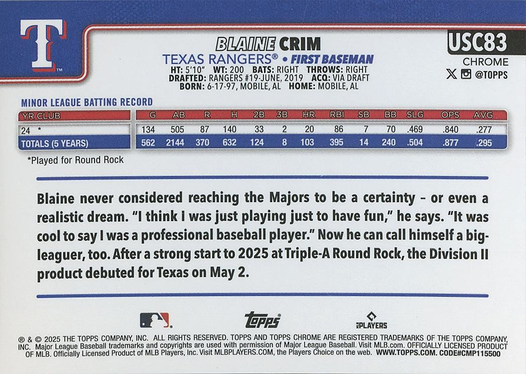 Blaine Crim 2025 Topps Chrome BLACK Refractor SSP Rookie RC Texas Rangers 4/10