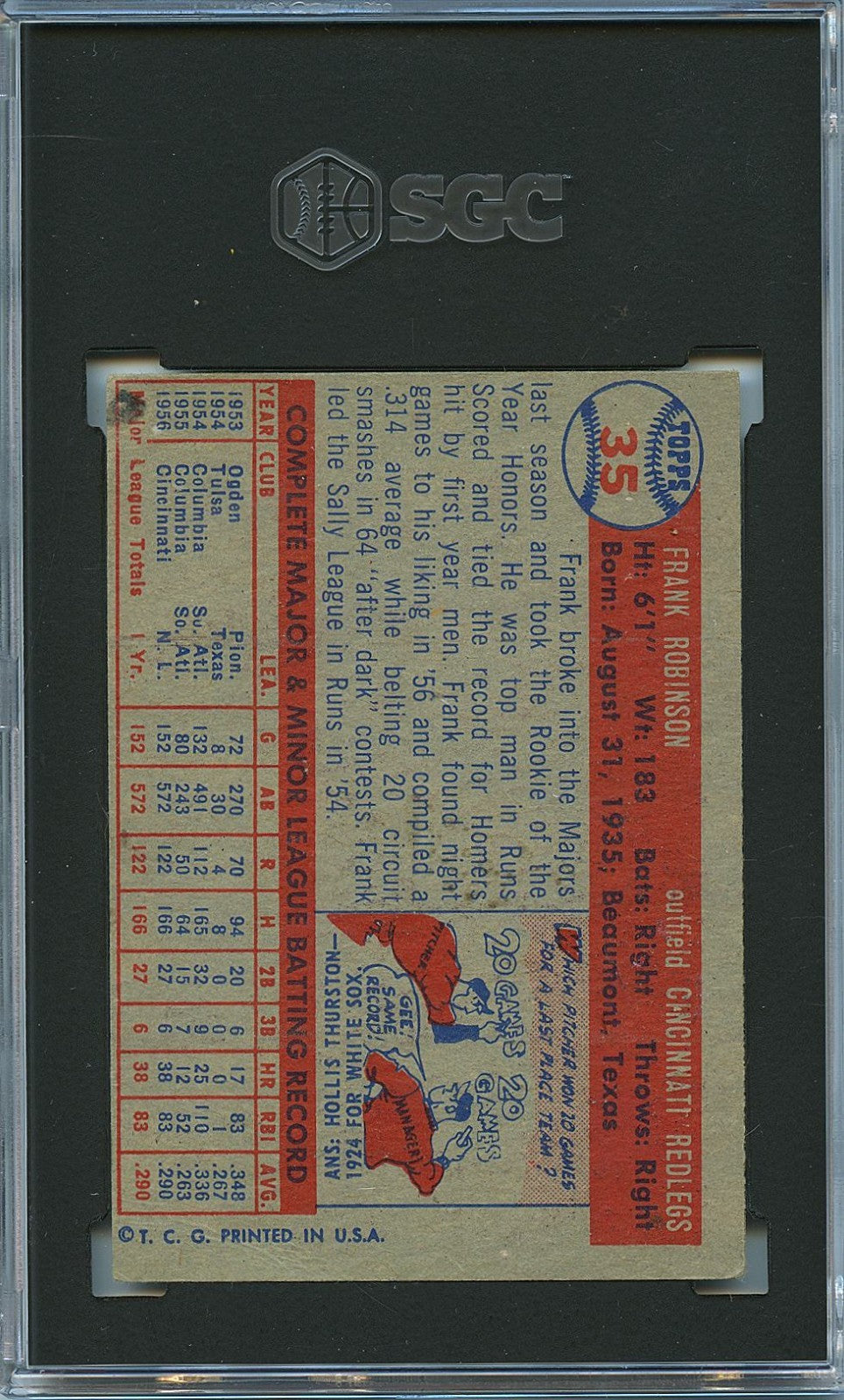 Frank Robinson 1957 Topps Rookie Card RC Cincinnati Redlegs #35 SGC 3