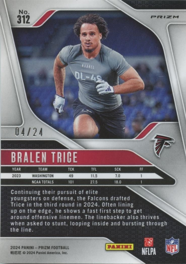 Bralen Trice 2024 Prizm GOLD Sparkle Prizm SSP Rookie RC Atlanta Falcons 4/24