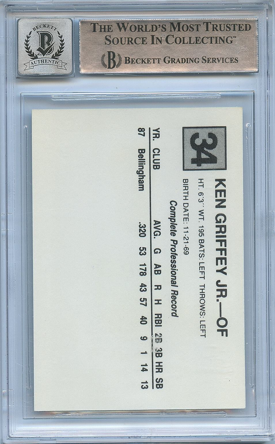 Ken Griffey Jr. 1988 San Bernardino Spirit Auto Autograph  Mariners BGS 10 Auto