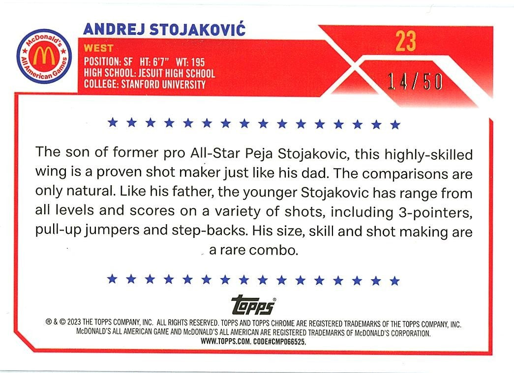 Andrej Stojakovic 2023 Topps Chrome Mcdonalds Gold Refractor 14/50