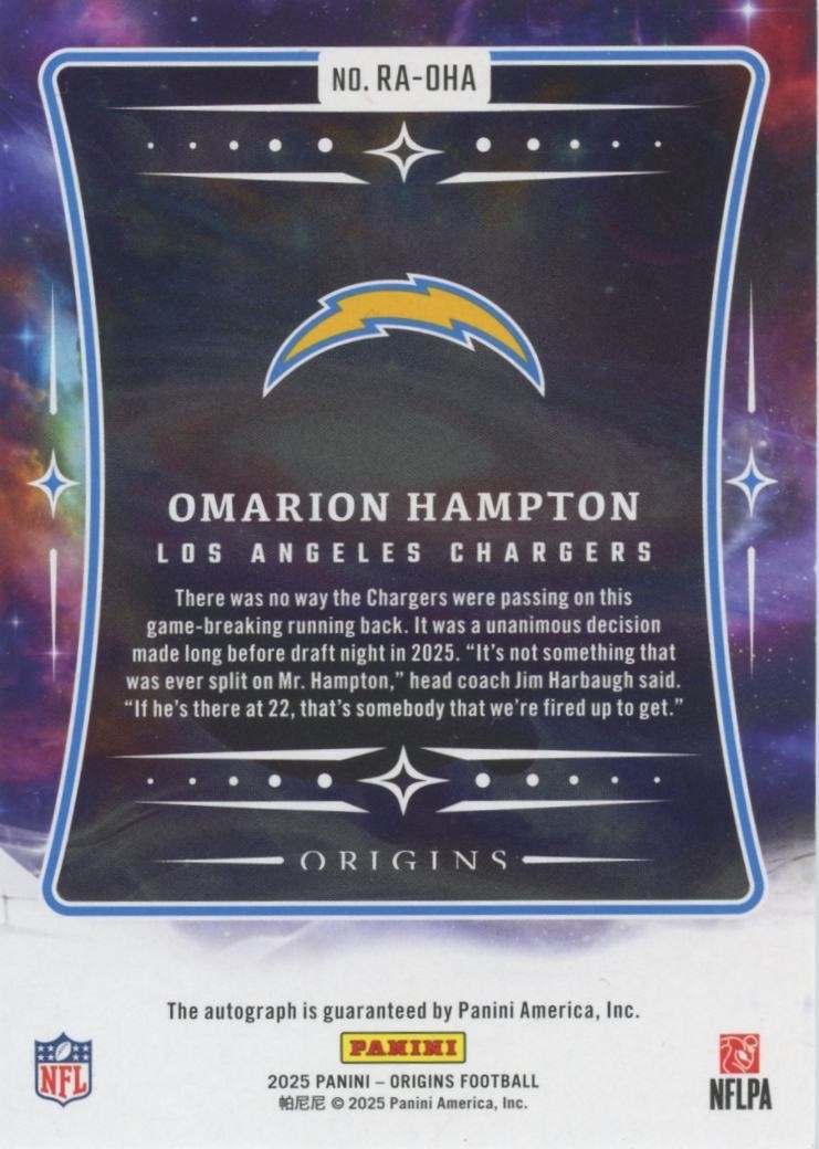 Omarion Hampton 2025 Origins Auto Autograph BLUE RC Los Angeles Chargers 20/25