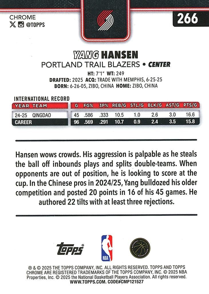 Yang Hansen 2025-26 Topps Chrome Yellow Lava Refractor RC Rookie Blazers 143/275