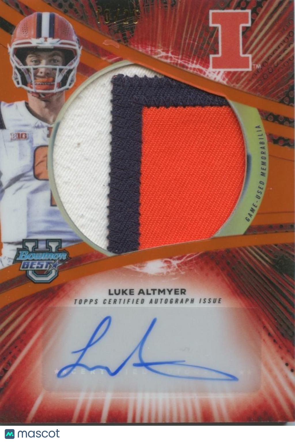 Luke Altmyer 2025 Bowman's Best Auto Autograph Game Worn Patch RC Illinois 10/25