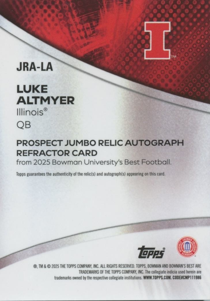 Luke Altmyer 2025 Bowman's Best Auto Autograph Game Worn Patch RC Illinois 10/25