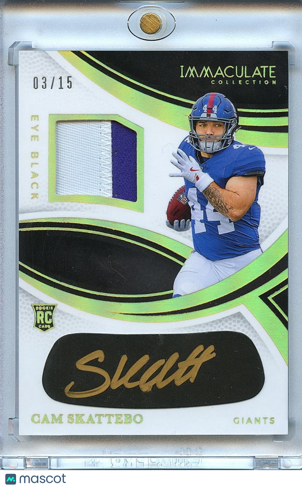 Cam Skattebo 2025 Immaculate Eye Black Auto Autograph Patch RC Giants 3/15