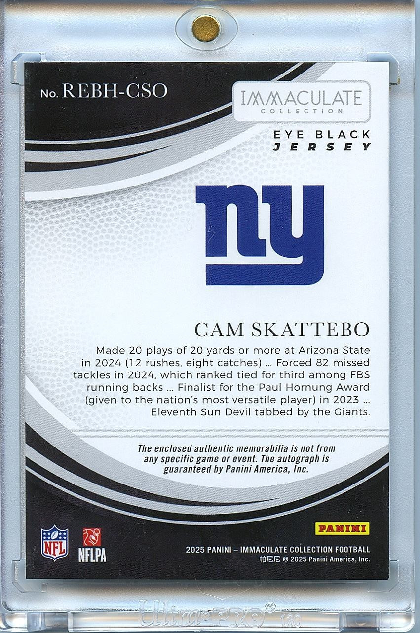 Cam Skattebo 2025 Immaculate Eye Black Auto Autograph Patch RC Giants 3/15