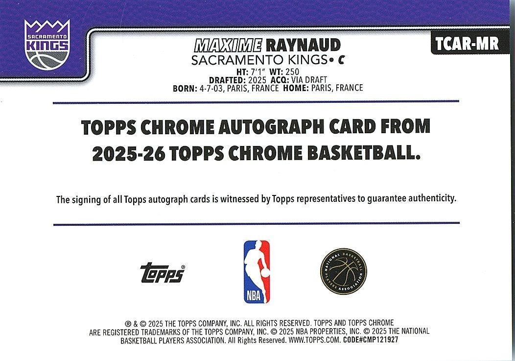 Maxime Raynaud 2025-26 Topps Chrome Auto Autograph Rookie RC Sacramento Kings