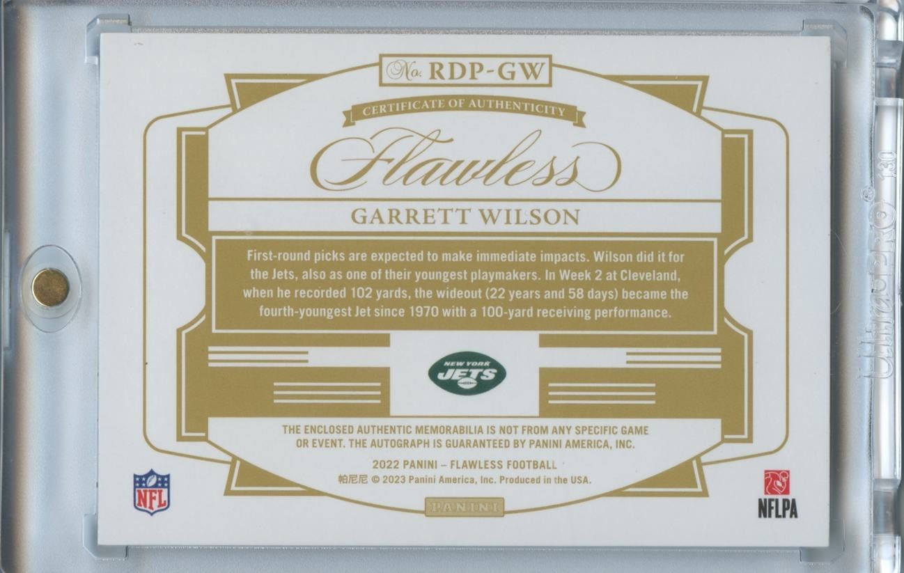 Garrett Wilson 2022 Flawless Auto Autograph Patch RC New York Jets 10/25