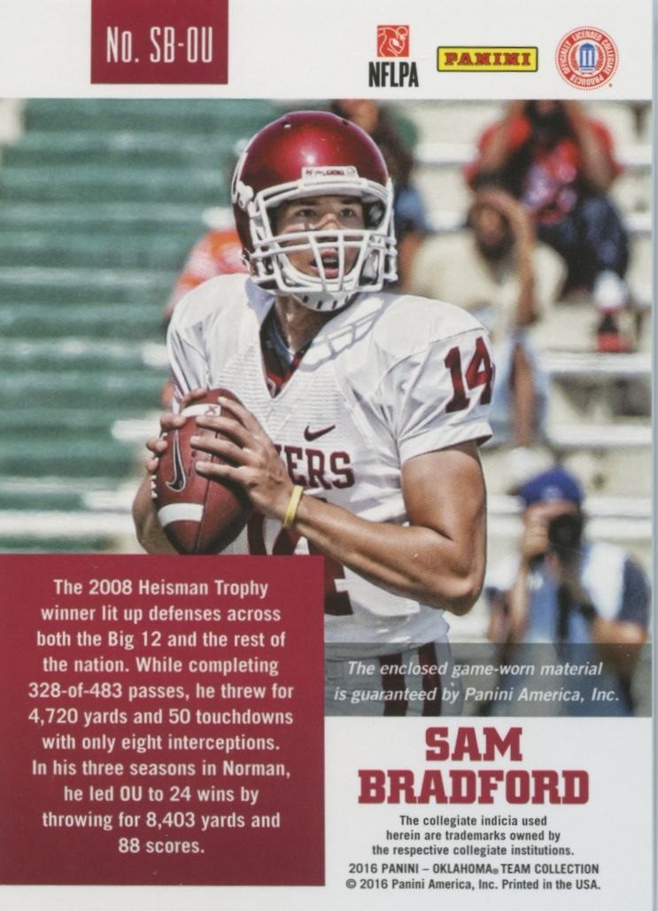 Sam Bradford 2016 Panini Multisport Game Worn Patch Oklahoma Sooners 96/99
