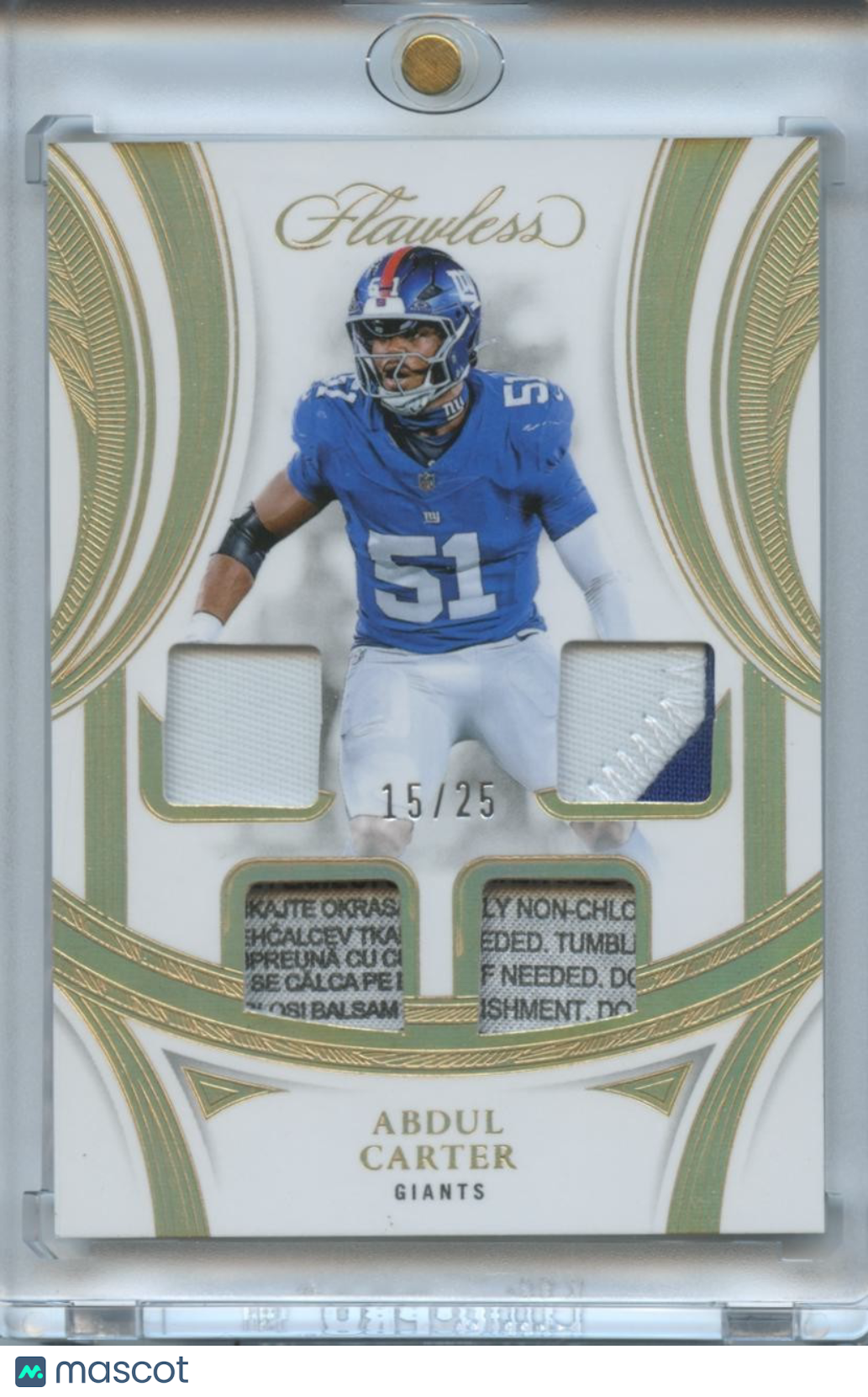 Abdul Carter 2025 Flawless Laundry Tag Patch New York Giants 15/25