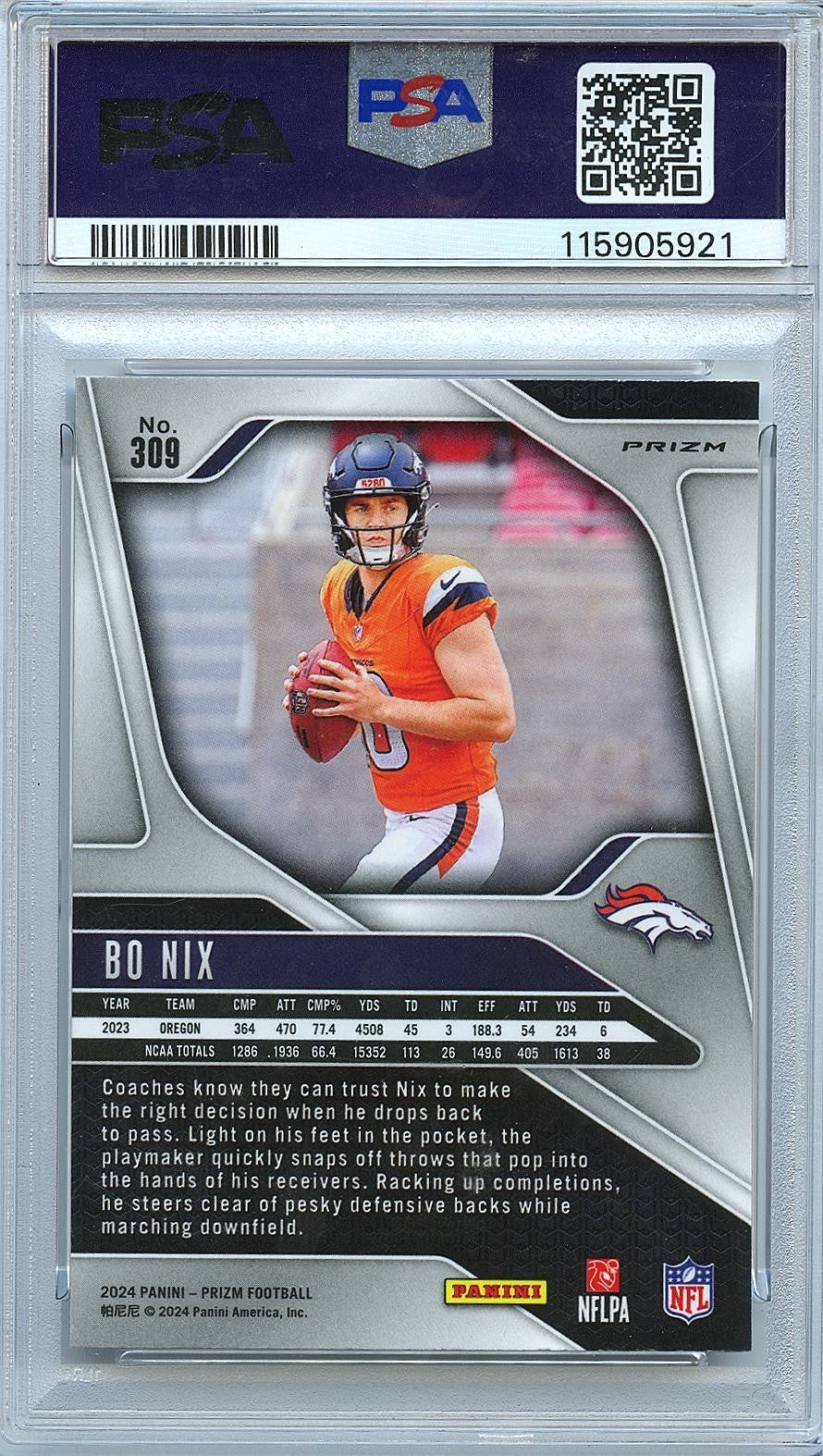 Bo Nix 2024 Prizm Silver Prizm Rookie RC Denver Broncos #309 PSA 10