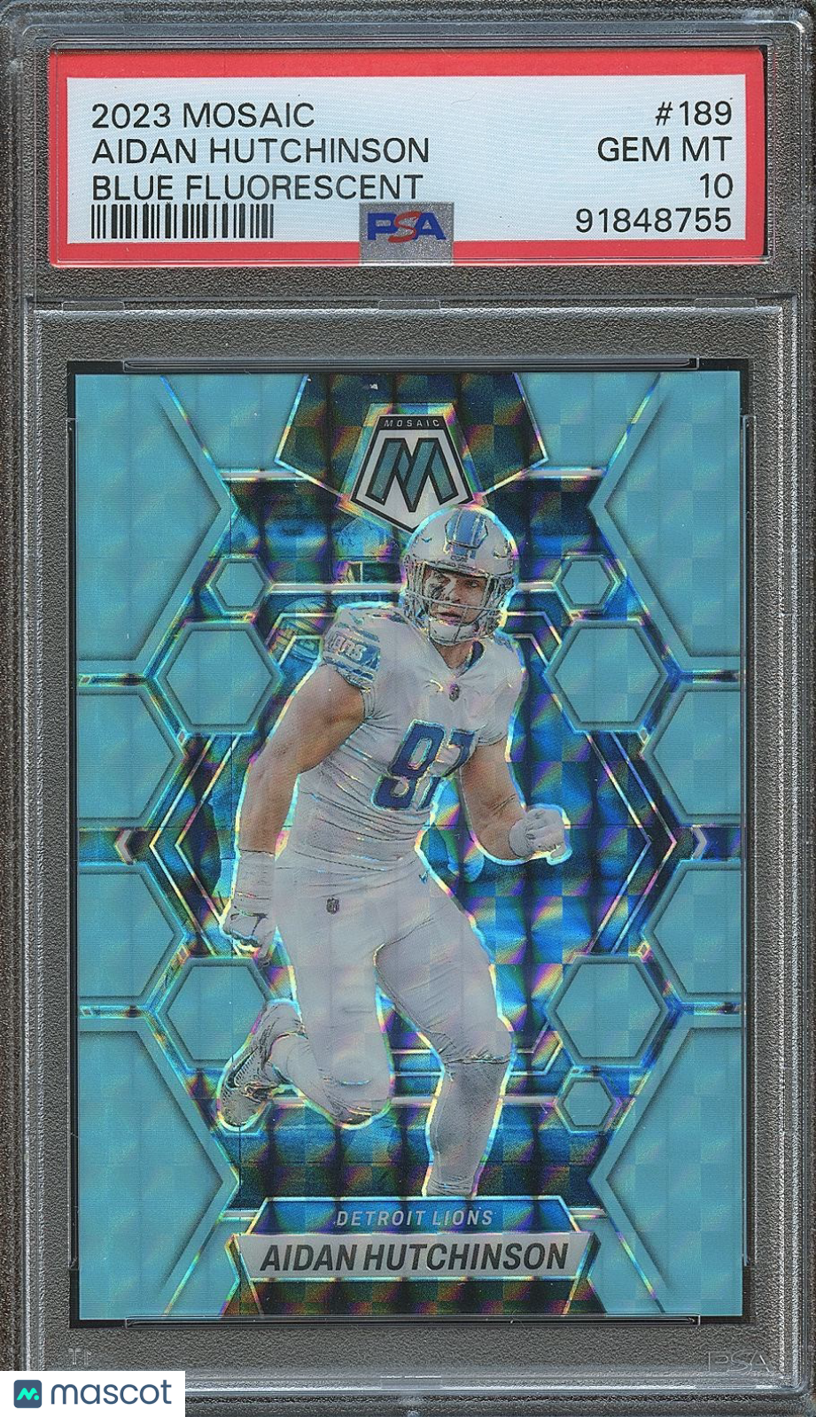 Aidan Hutchinson 2023 Mosaic Blue Fluorescent Prizm Detroit Lions 5/15 PSA 10
