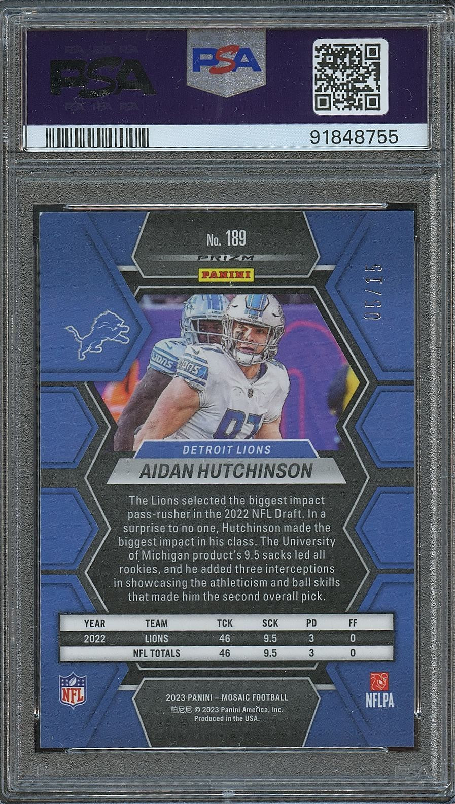 Aidan Hutchinson 2023 Mosaic Blue Fluorescent Prizm Detroit Lions 5/15 PSA 10