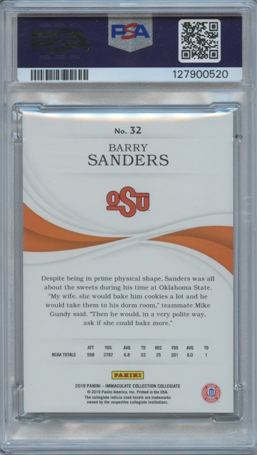 Barry Sanders 2019 Immaculate Emerald Green SSP Oklahoma State OSU 2/5 PSA 9