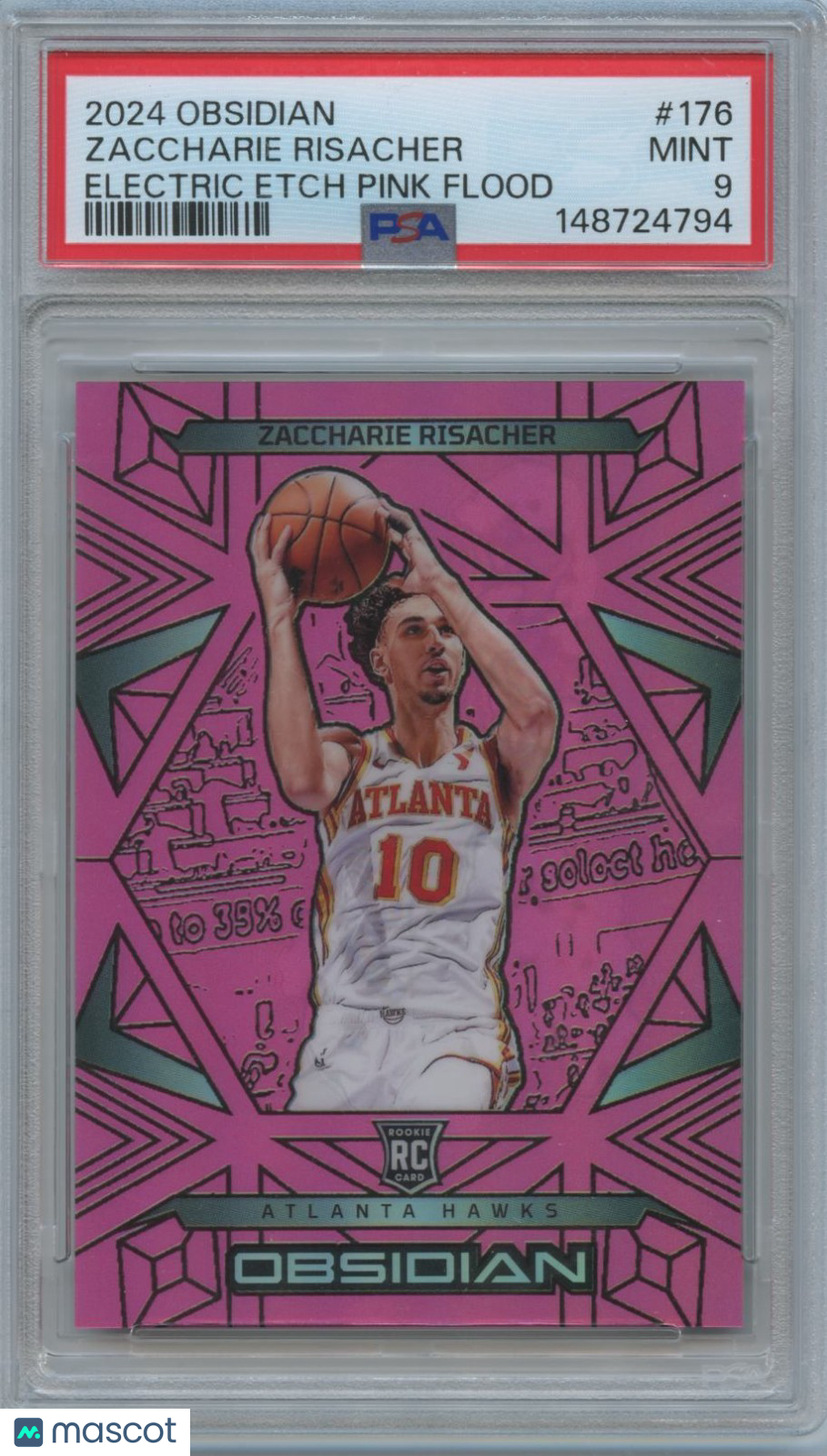 Zaccharie Risacher 2024-25 Obsidian Pink Flood Rookie RC Hawks 41/49 PSA 9